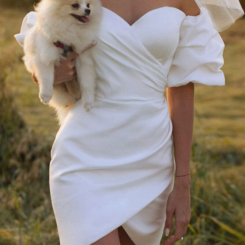 Kurzes Weißes Brautkleid Kurzarm Bateau Kragen Elastic Crepe Elegantes Hochzeitskleid XS-2XL