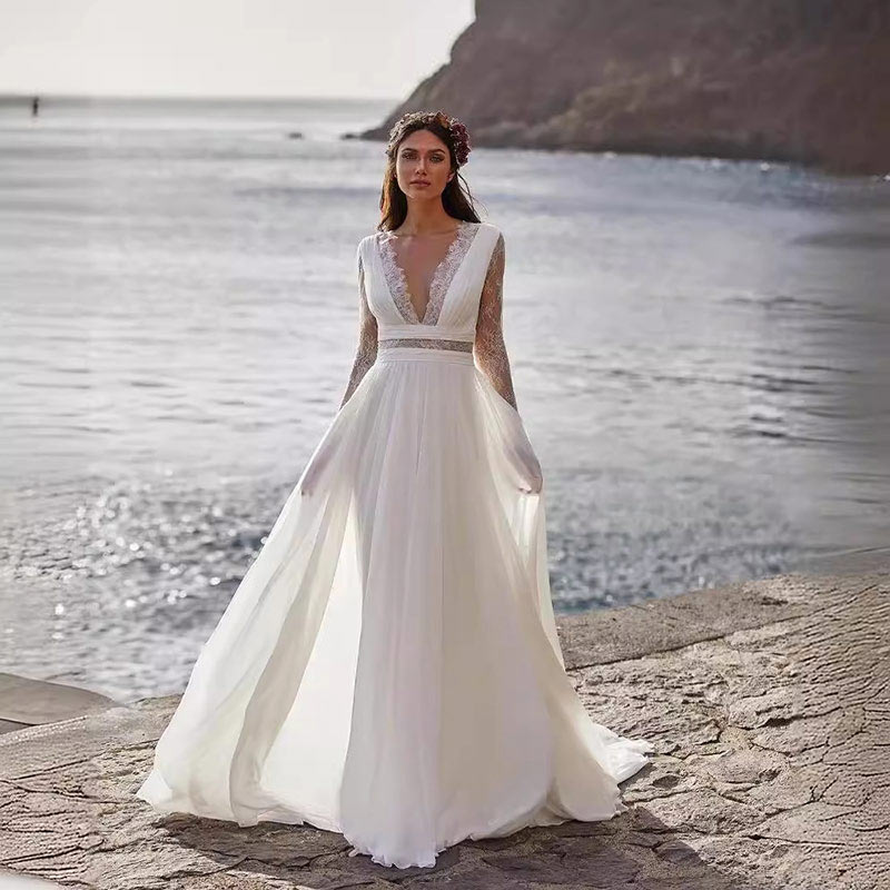 Langes Ärmel Spitzen Boho Brautkleider mit kleinem Schlepp Leichte Reise Brautkleid XS-2XL