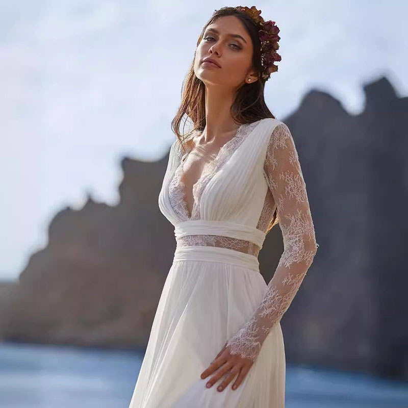 Langes Ärmel Spitzen Boho Brautkleider mit kleinem Schlepp Leichte Reise Brautkleid XS-2XL