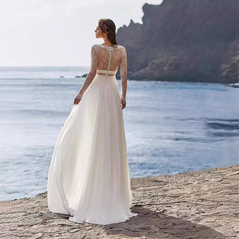 Langes Ärmel Spitzen Boho Brautkleider mit kleinem Schlepp Leichte Reise Brautkleid XS-2XL