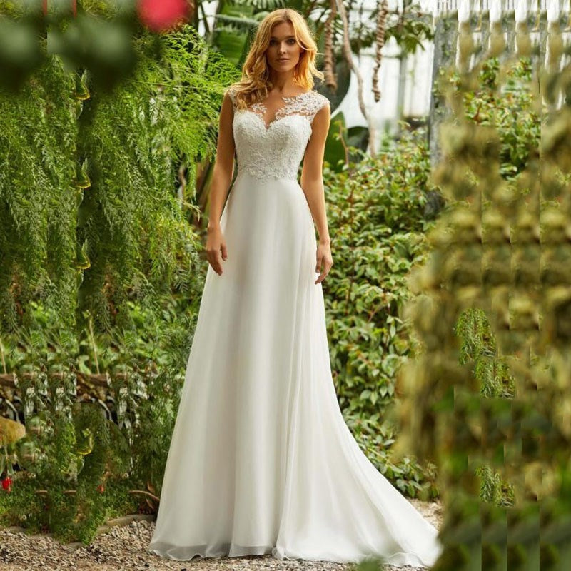 Leichtes Spitzen Brautkleid Chiffon Rock Elegant Hochzeitskleid für Fotoshooting