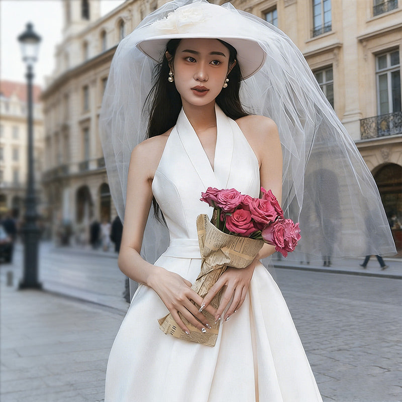 Modernes A-Linie Brautkleid Größe mit Halterneck- Hochzeitskleid aus edlem Satin im Vintage-Stil 32-44