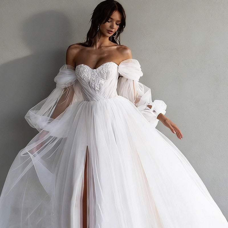 Off-Shoulder Brautkleider Prinzessin mit Herz-Ausschnitt Beinschlitz – Elfenhaftes A-Linien Kleid mit Puffärmeln 2-26W