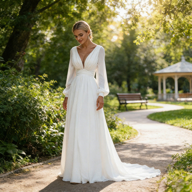 Prachtvolles A-Linien Brautkleid Laternenärmeln – Hochzeitskleid mit tiefem V-Ausschnitt und Schleppe 2-26W