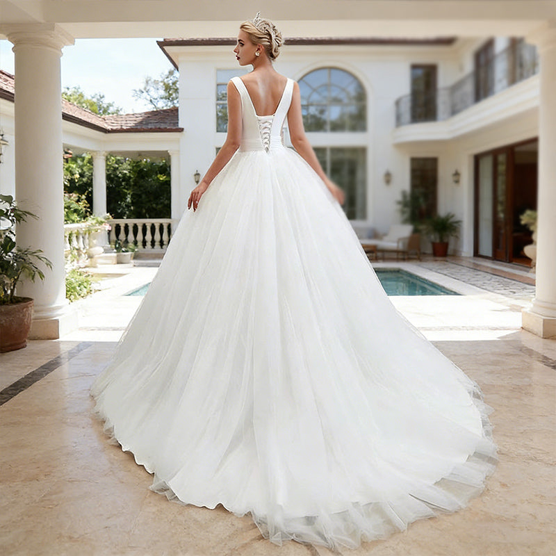 Prachtvolles Brautkleider Prinzessin mit Tiefem V-Ausschnitt und Voluminösem Tüllrock Romantisches Ballkleid Elfenbein XS-3XL