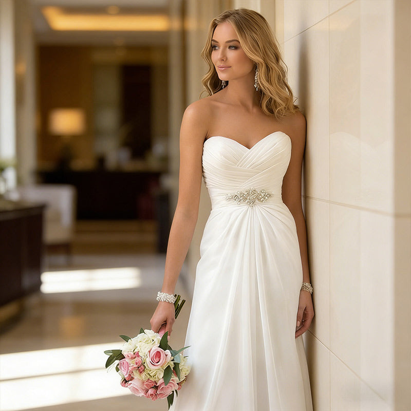 Romantisches Brautkleid in A-Linie mit Herz-Ausschnitt und Kristall-Gürtel Elegantes Chiffon Hochzeitskleid Elfenbein 2-26W