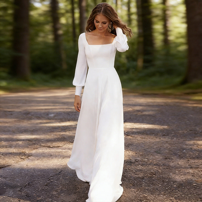 Schlichtes Brautkleid Weiß A Linie Langarm Quadratischer Ausschnitt Hochzeitskleid Chiffon Bodenlang Modern Elegant