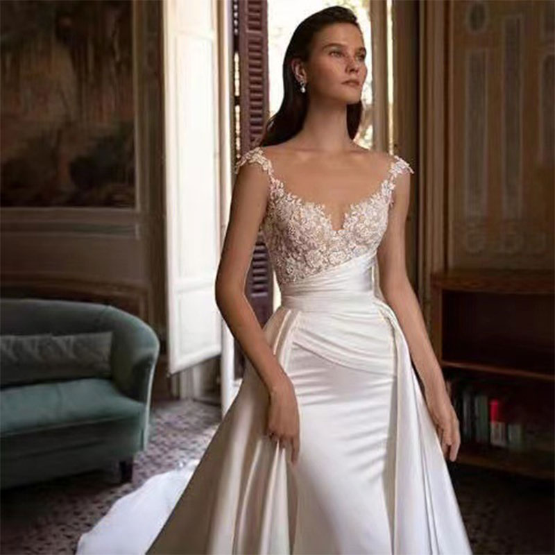 Schlichtes Weißes Spitzen Meerjungfrau Brautkleid Vintage Mit Reißverschluss Elegantes 2-16