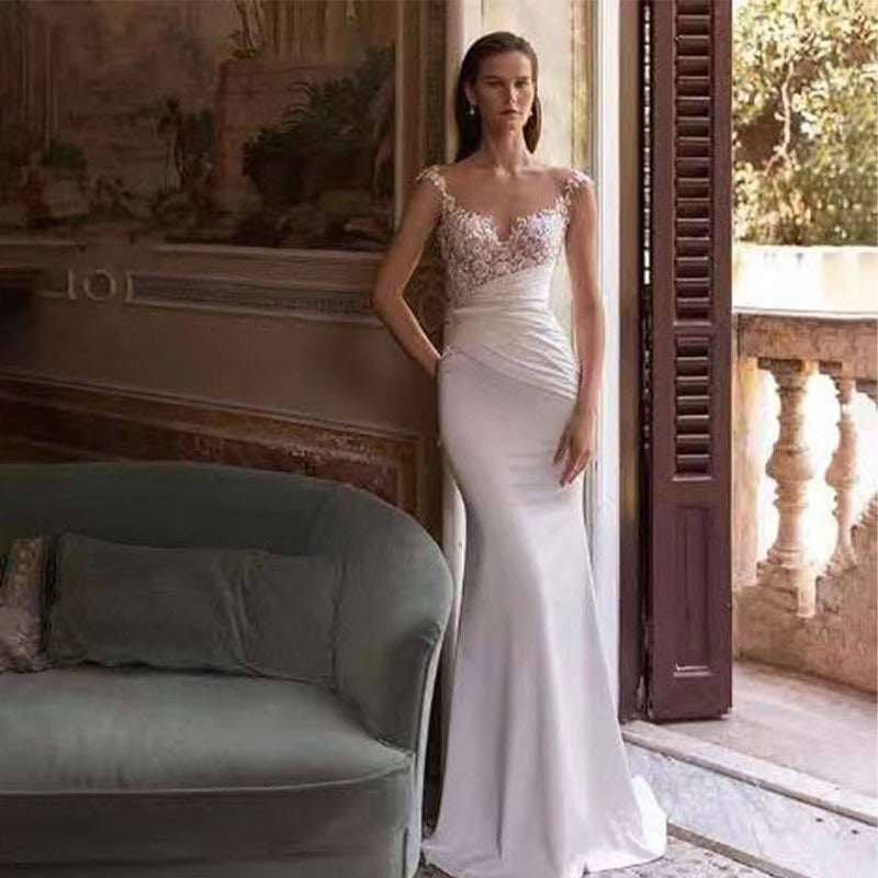 Schlichtes Weißes Spitzen Meerjungfrau Brautkleid Vintage Mit Reißverschluss Elegantes 2-16