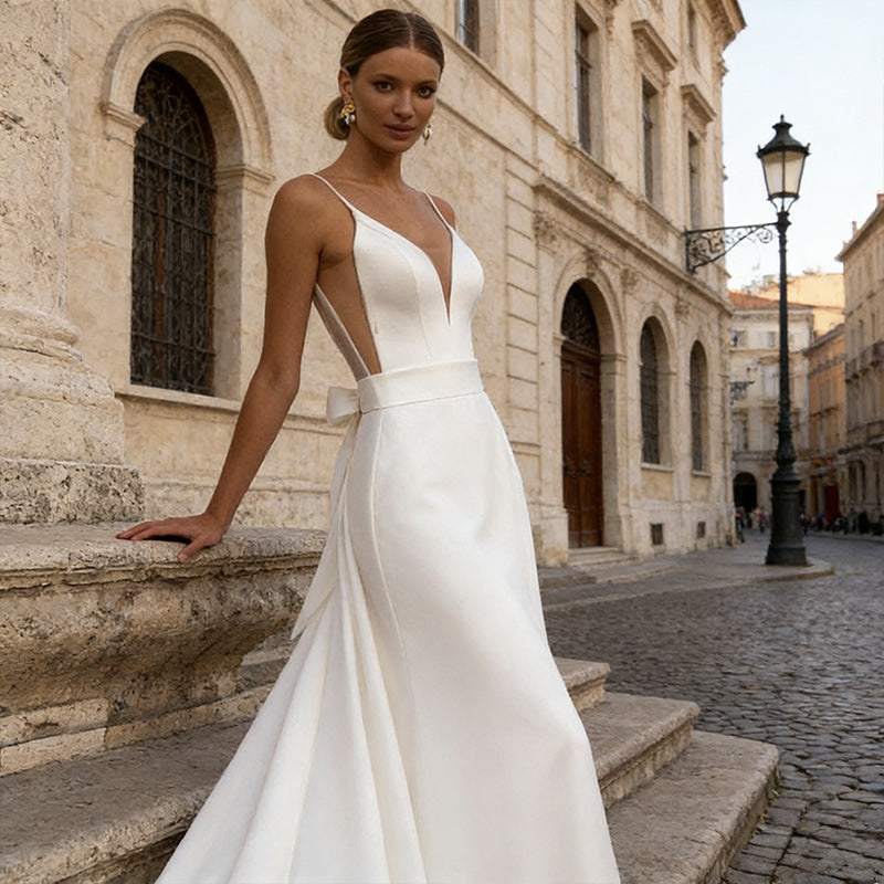 Verführerisches Satin-Brautkleid mit V-Ausschnitt und Spaghettiträgern – Rückenfreies A-Linien Hochzeitskleid 2-26W