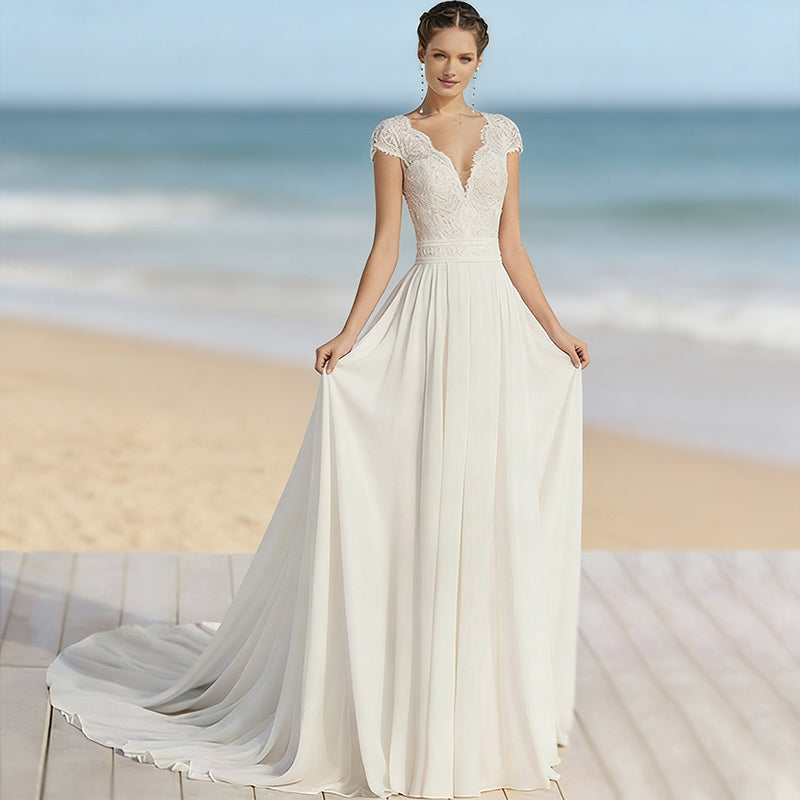 Vintage Boho Brautkleid aus Spitze A Linie mit V Ausschnitt und Kappenärmel Schlichtes Hochzeitskleid Elfenbein 2-26W