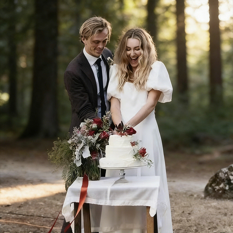 Brautkleider Prinzessin Hochzeitskleid mit Quadratischem Ausschnitt und Puffärmeln Satin Brautkleid A-Linie Retro-Stil XS-2XL