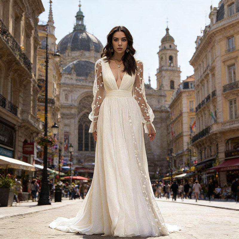 Weißes Boho Brautkleid Spitze V-Ausschnitt Rückenfrei Langarm A-Linie Mit Schleppe Elegantes Hochzeitskleid 2-16