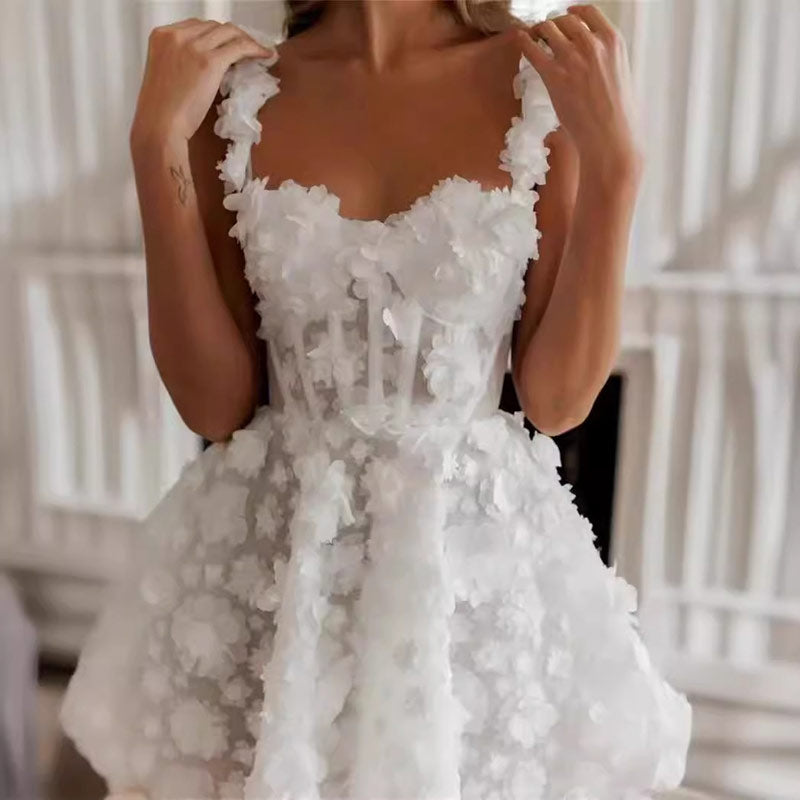 Weißes Kurzes Brautkleid Ärmellos Herz-Ausschnitt Tüll Süßes Elegantes Hochzeitskleid 2-16