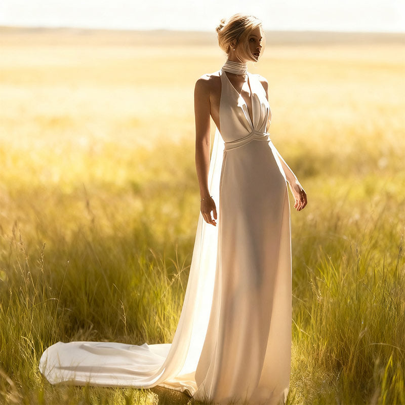 Weißes A-Linie Brautkleid Ärmellos V-Ausschnitt Schlichtes Elegantes Hochzeitskleid XS-3XL