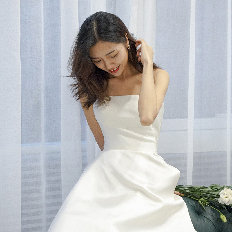 Weißes Prinzessin Hochzeitskleid Trägerlos Ärmellos Mit Schleppe Elegantes Brautkleid XS-XL