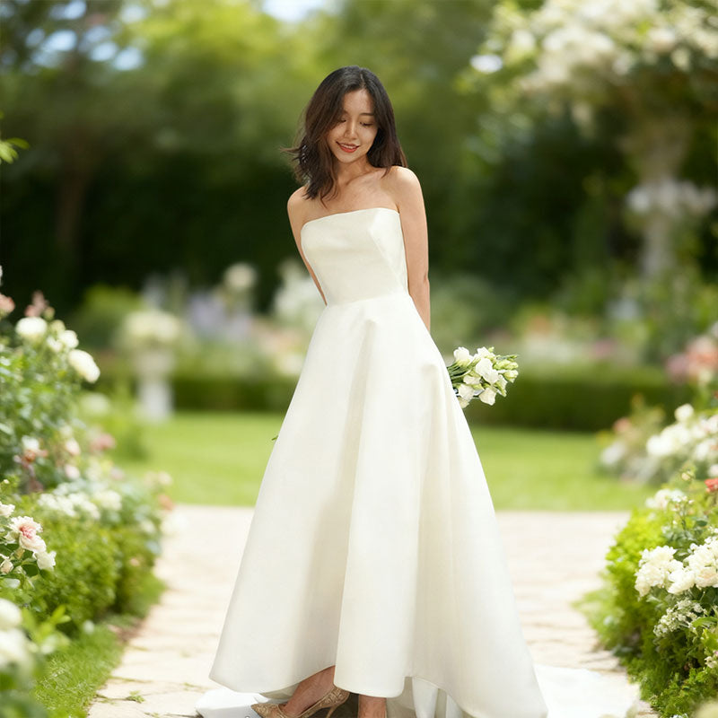 Weißes Prinzessin Hochzeitskleid Trägerlos Ärmellos Mit Schleppe Elegantes Brautkleid XS-XL