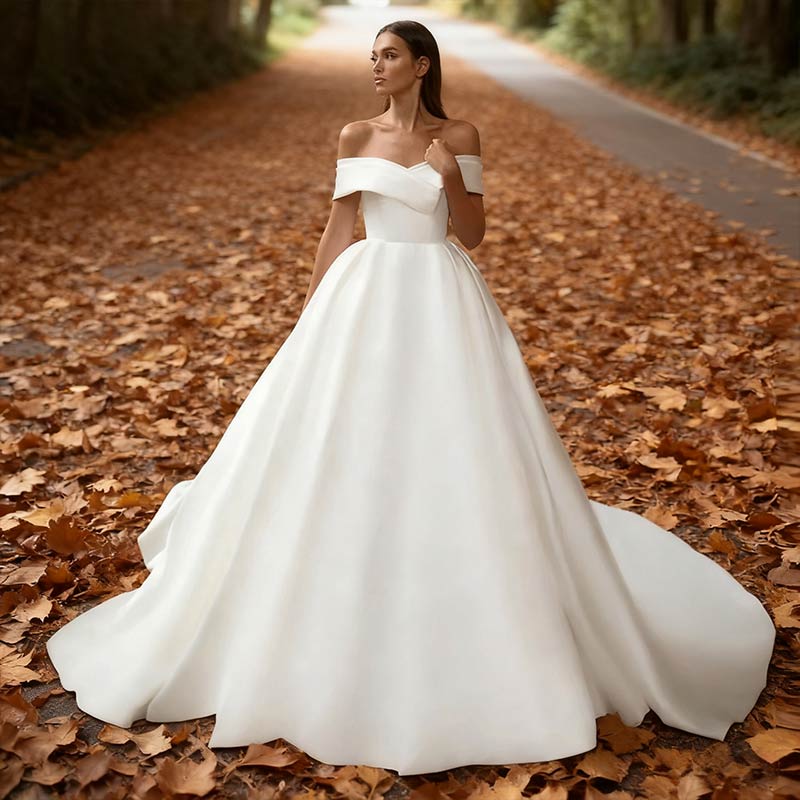 A-Linie Brautkleider Prinzessin Weißes Hochzeitskleid V-Ausschnitt Natürliche Taille Mit Schleppe Elegantes Brautkleid 2-16