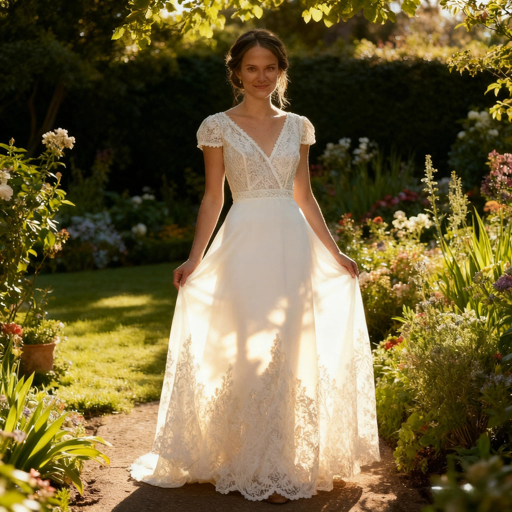 Boho Brautkleid Kurz mit Spitze und V-Ausschnitt – A-Linie Vintage Hochzeitskleid 2-26W