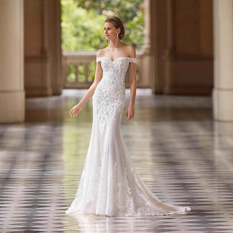 Weißes Spitzen Meerjungfrau-Stil Brautkleider Prinzessin Herz-Ausschnitt Ärmellos Natürliche Taille Mit Schleppe 2-16