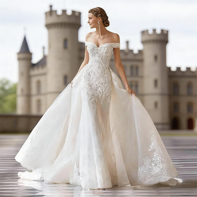 Weißes Spitzen Meerjungfrau-Stil Brautkleider Prinzessin Herz-Ausschnitt Ärmellos Natürliche Taille Mit Schleppe 2-16