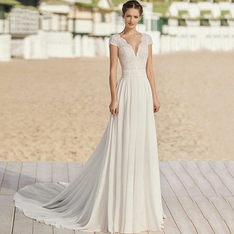 BHstyle Weißes Vintage Ball-Gown V-Ausschnitt Kurzarm Satin Mit Schleppe Spitze Elegantes Ballkleid 2-14