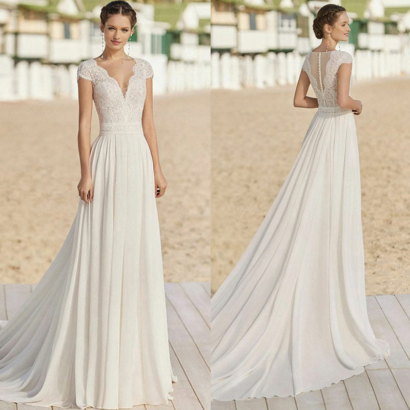 BHstyle Weißes Vintage Ball-Gown V-Ausschnitt Kurzarm Satin Mit Schleppe Spitze Elegantes Ballkleid 2-14