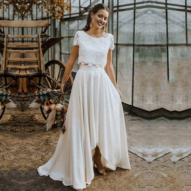 BHstyle Weißes Zweiteiler Ball-Gown Spitze V-Ausschnitt Kurzarm Elegantes S-6XL