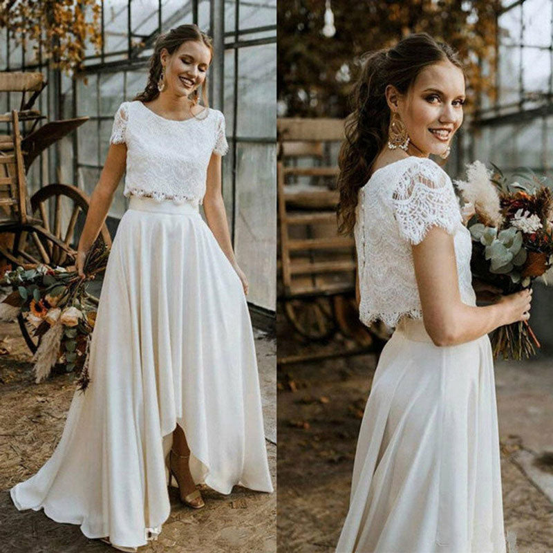 BHstyle Weißes Zweiteiler Ball-Gown Spitze V-Ausschnitt Kurzarm Elegantes S-6XL