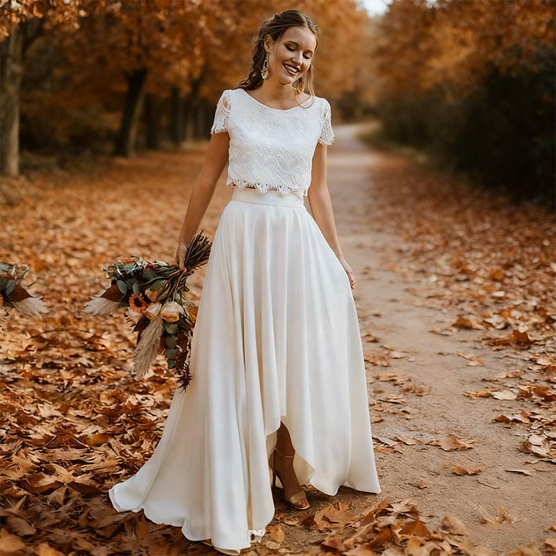 BHstyle Weißes Zweiteiler Ball-Gown Spitze V-Ausschnitt Kurzarm Elegantes S-6XL