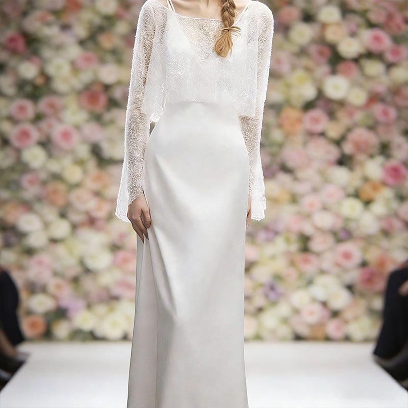 Zweiteiliges Boho Brautkleid mit Glitzer-Caplet und Seidigem Satin Kleid Elegantes A-Linie Hochzeitskleid Elfenbein 32-44